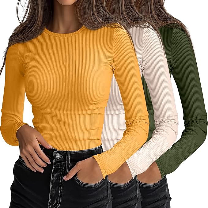 Ficerd 3 Pack Women's Ribbed Long Sleeve Tops, Crew Neck Slim Fit Undershirts Knit Basic Casual Stretch Layering Tee Shirts