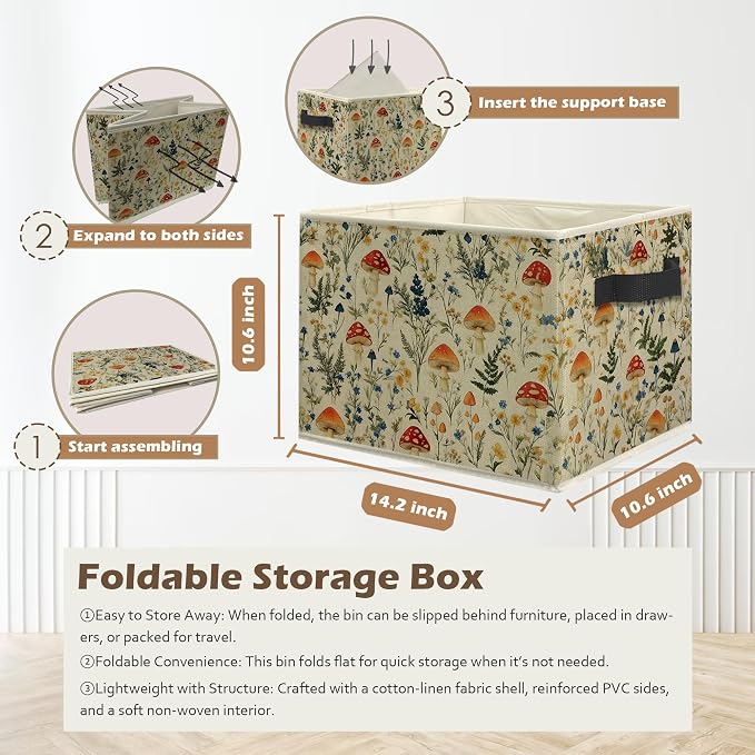Rustic Mushroom Storage Box Bins, Cottagecore Wildflower Botanical Mushroom Collapsible Storage Basket Organizer for Bedroom Laundry Room Home Clothes Books, Decor for Room