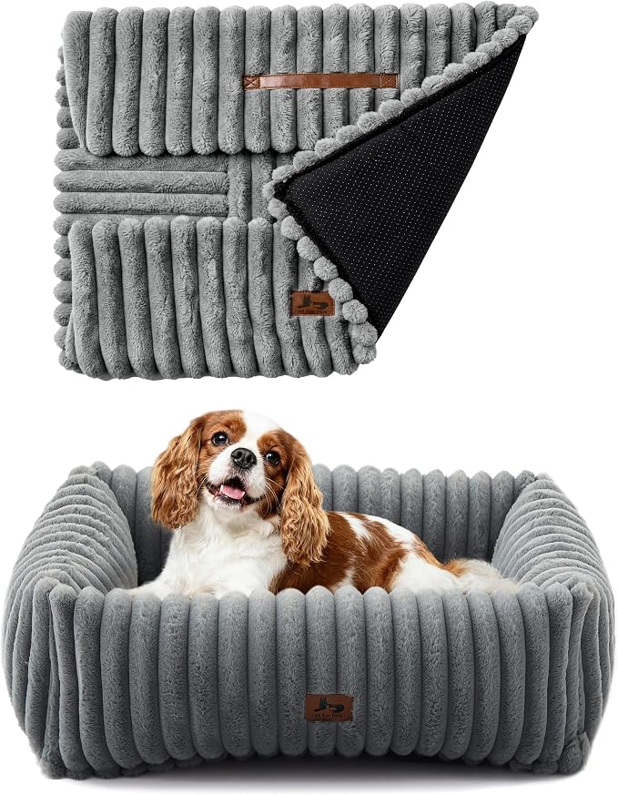 Washable Dog Bed Small Medium Size Dog, Rectangle Orthopedic Pet Bed for Car and Indoor,Fluffy Memory Foam Dog Beds with Anti-Slip Bottom, Grey (25x21x7 inches)