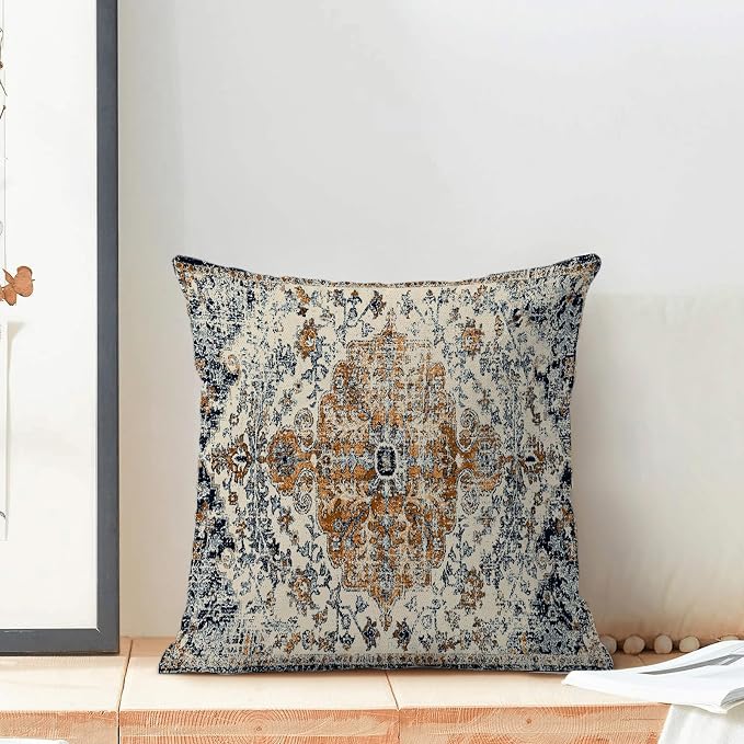 AEIOAE Boho Pillow Covers 24x24 Inch Set of 2,Carpet Pattern Throw Pillows Case,Rust Blue Ethnic Design Outdoor Decorative Square Linen Farmhouse Decor Cushion Covers for Home Sofa Bed Couch