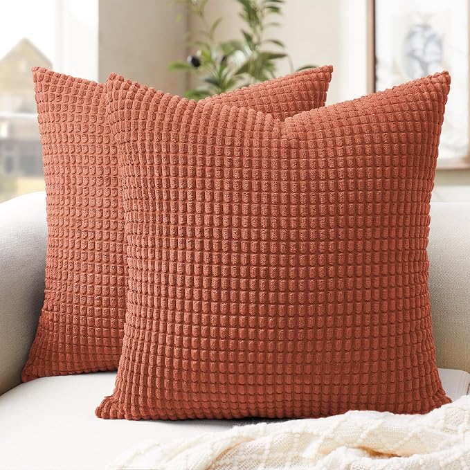 Softalker Corduroy Fall Throw Pillow Covers 24x24, Set of 2, Burnt Orange | Soft Boho Striped Pillow Cases, Couch Fluffy Cushion Covers for Farmhouse Home Decor Bed Living Room