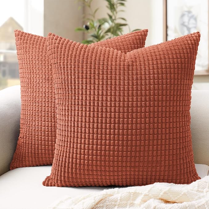 Softalker Corduroy Fall Throw Pillow Covers 22x22, Set of 2, Burnt Orange | Soft Boho Striped Pillow Cases, Couch Fluffy Cushion Covers for Farmhouse Home Decor Bed Living Room