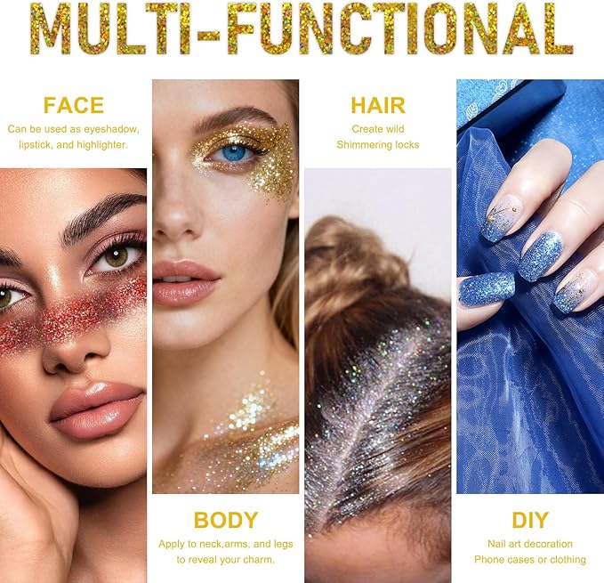 Roll-on Holographic Body Glitter Gel for Face and Hair, Chameleon Color Changing Glitter Gel Under Light, Chunky Mermaid Sequins Festival Party Rave Accessories Body Shimmer Makeup (Gold)