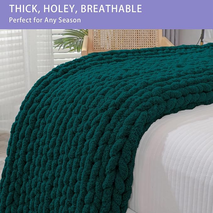 Bigacogo Chunky Knit Throw Blanket for Couch, 40x60 inches, Dark Green | Hand Knit with Jumbo Chenille, Soft Breathable Cable Knit for Sofa Bed Living Room, Machine Washable, Gift for Mom Friend
