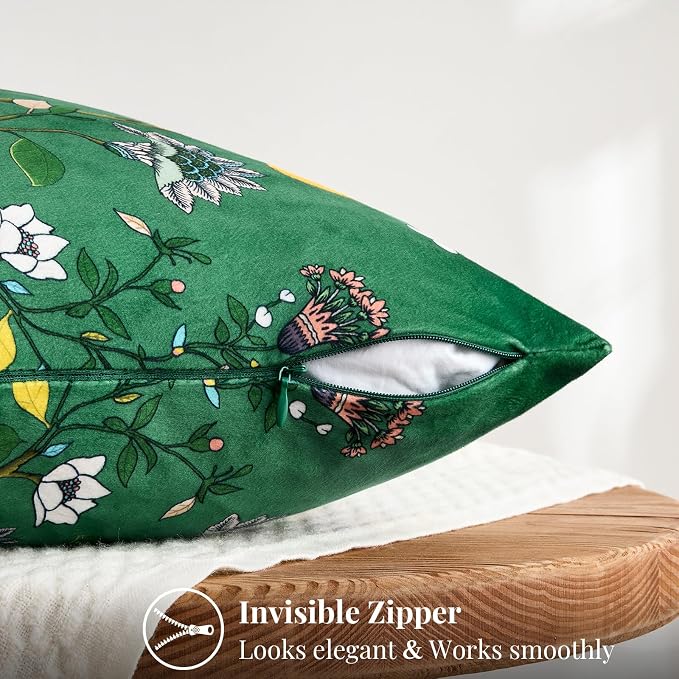 MUSSEL Green Velvet Floral Decorative 20x20 Pillow Covers Set of 2 | Soft Durable and Sturdy,Bird Plant,Throw Pillows Case,Square,Colorful Mid Century Cushion Covers,Sofa Couch Decor