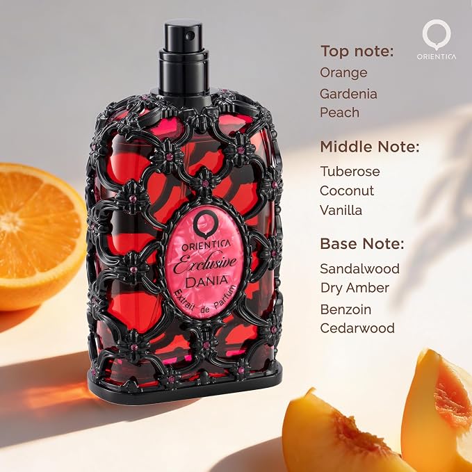 Orientica Luxury Exclusive Dania Extrait de Parfum 2.7oz/80ml – Floral, Fruity, Woody, Orange, Gardenia, Peach, Tuberose, Coconut, Vanilla, Amber, Cedar - Arabic Perfume for Men & Women