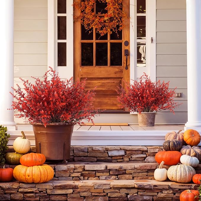 RECUTMS Artificial Greenery for Outdoors Lavender Fall Fake Plants Burgundy | 8Pcs,Fake Flowers Outside UV Resistant Faux Greenery Artificial Plants Faux Flowers for Fall Wedding Yard Window Autumn Decor