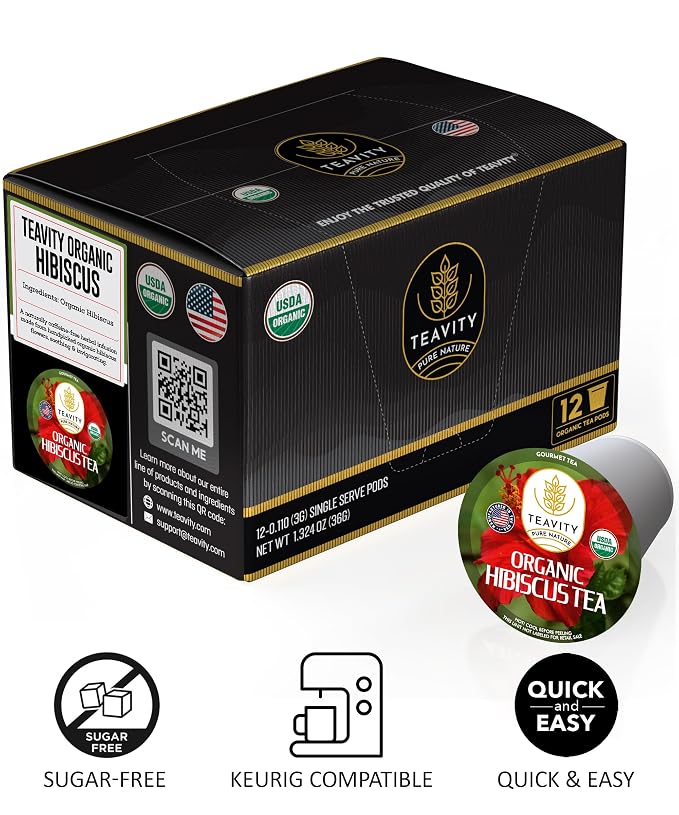 Organic Hibiscus Sabdariffa Tea Organic Naturally Decaf Tea Pods for Keurig by Teavity (24 Tea Pods)