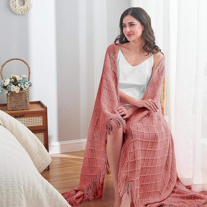 inhand Coral Pink Knitted Throw Blanket for Couch and Bed, 60"x80" | Gifts for Mom from Daughter Son, Soft Lightweight with Tassel, Farmhouse Warm Decorative Blanket for Women, Cozy Knit