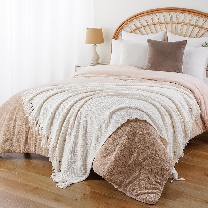 BATTILO HOME Cream Ivory Throw Blanket for Couch, 60"x80" | Textured Knitted Throw Blanket with Tassels, Couch Cover Blanket Warm Decorative White Throw Blankets for Sofa Living Room