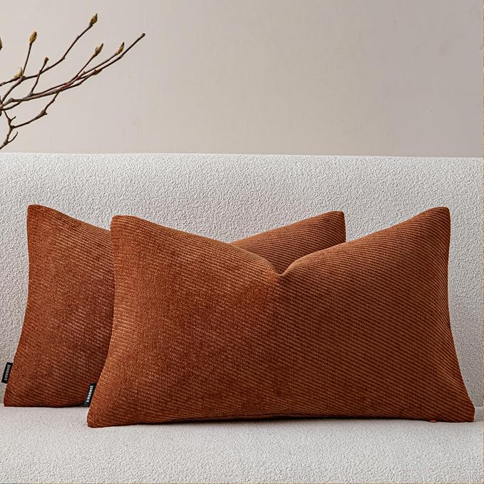 a moment Fall Decorative Throw Pillow Covers Pack of 2,12x20 Inch Rust | Twill Chenille Cushion Covers for Sofa Living Room Couch Bed