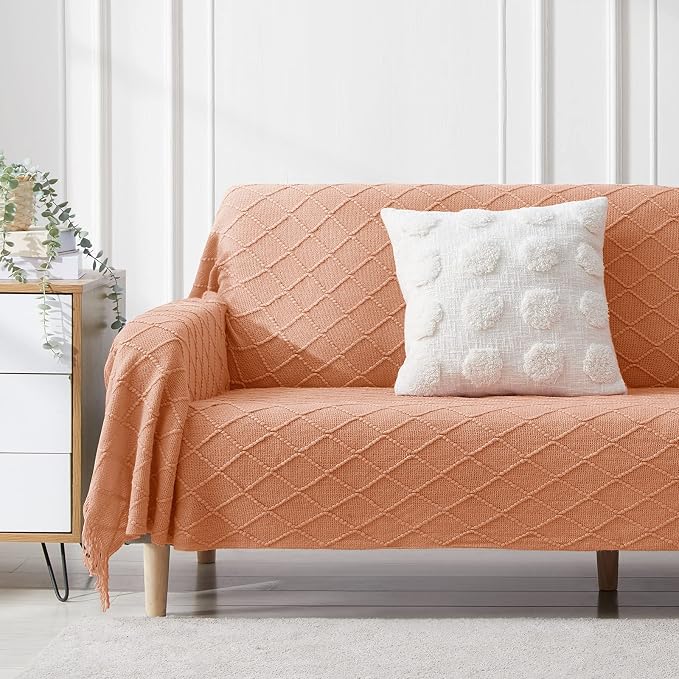 BOURINA Orange Throw Blanket 50x90 Inch Boho Knitted Soft Throw Bed Blanket | Knitted Throw Blanket 50x90 Inches, Soft Lightweight Boho Weave Throw Decorative Couch Blanket for Living Room Bedroom Chair