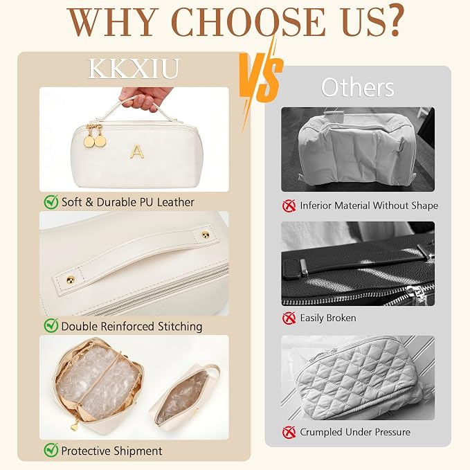KKXIU Initial Makeup Bag for Women - Personalized Makeup Bag Gifts for Women, Travel Toiletry Bag with PU Leather, Open Flat Design with Top Handle, Cosmetic Bag Set with Multi-Pocket (Beige,C)