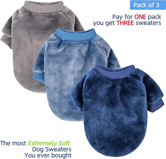 FabriCastle Dog Sweater, 3-Pack Dog & Cat Clothes, Ultra Soft and Warm Pet Jackets XXS XS for Small Dogs Boy & Cats, Winter Pet Apparel Costumes, Puppy Outfits (Grey,Blue,Dark Blue, XX-Small)