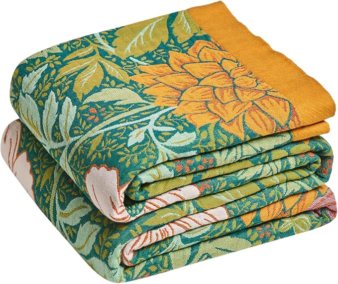 LUTBM Boho Throw Blanket for Bed 60"x80", All Season Cotton Couch Blankets | Green Reversible Floral Jacquard, Muslin Twin Quilt, For Chair Sofa Living Room Decor, Lightweight & Breathable 4-Layer Gauze