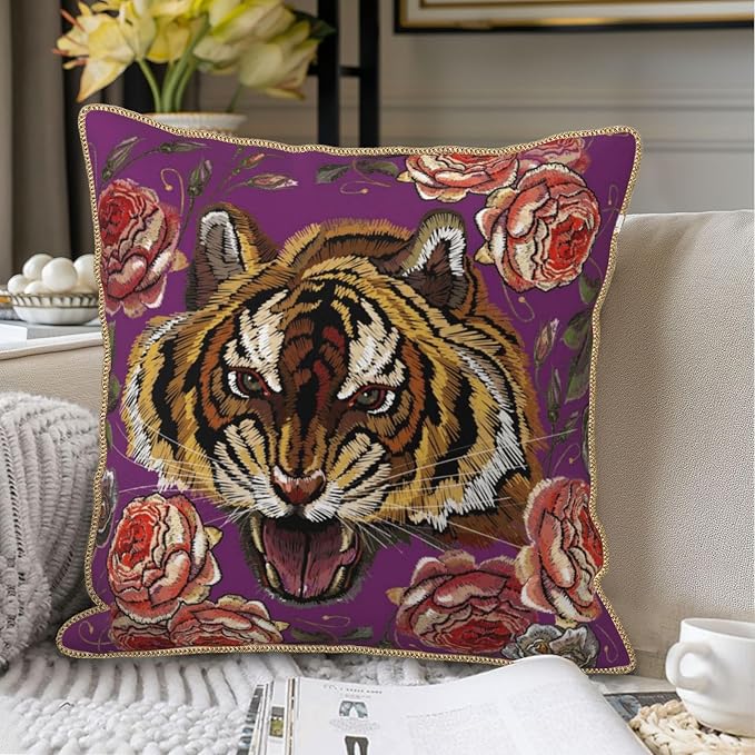 Tiger Flower Purple Velvet Pillow Covers 20x20 Inch Pink Floral Animal Throw Pillows for Couch Cushion Covers Pillowcase Farmhouse Modern Pillow Cases for Sofa Bed Living Room Bedroom