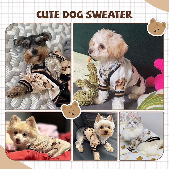 Small Dog Sweaters Cute Bear Knitted Dog Cardigans Clothes for Small Medium Dogs Soft Pet Puppy Cat Knitting Outfits Fall Winter Warm Boy Girl Dogs Knitwear Coat Apparel(Beige, Small)