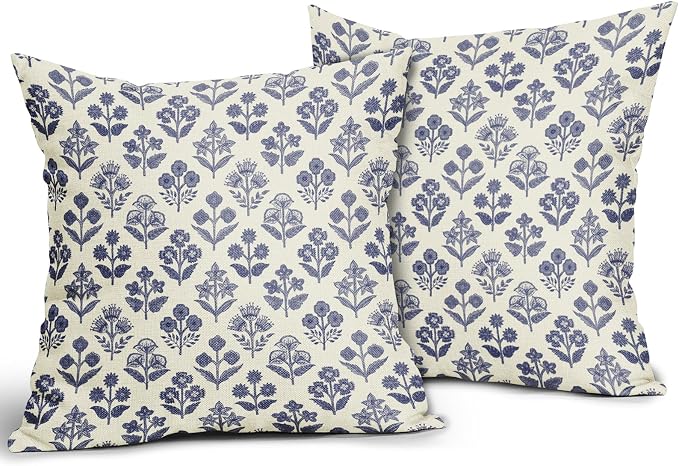 Navy Blue Floral Pillow Covers 18x18 Inch Set of 2, Vintage Flower Block Print Pattern Decorative Throw Pillowcases Outdoor Farmhouse Cushion Covers Spring Summer Rustic Sofa Couch Bed Decor