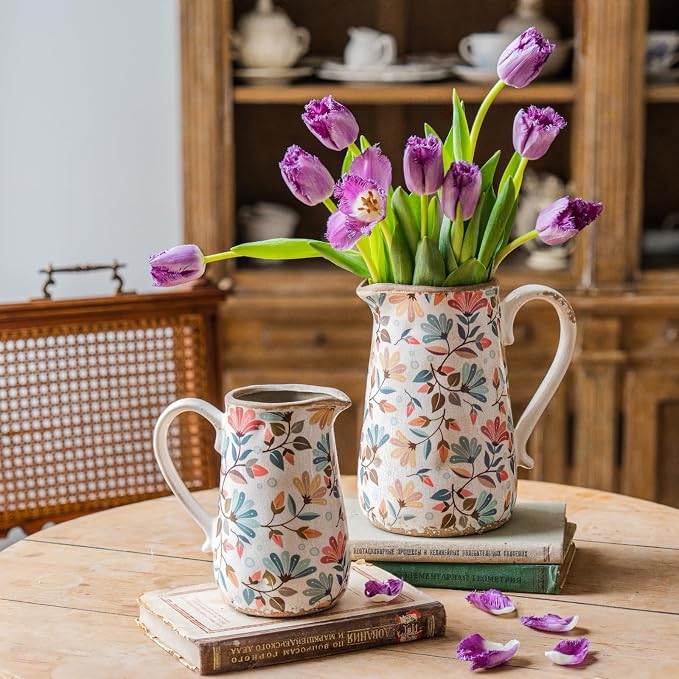 Vintage Colorful Flower Ceramic Vase with Handle, Retro Ice Glazed Crack Farmhouse Pitcher Vase for Home Decor, Living Room, Shelf, Office, Rustic Table Centerpiece 7 Inch