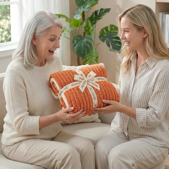 Snuggle Sac Fluffy Fall Bedding Blanket Twin Size, Soft Luxurious Knit Throws, Fuzzy Microfiber Blankets for Couch, Sofa, Bed, Burnt Orange, 60x80 inches