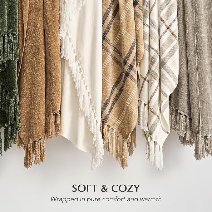 Plaid Chenille Queen Blanket for Bed, 90"x90", Beige | Super Soft Knit Throw with Tassels, Cozy, Decorative Farmhouse Plaid, Lightweight Blanket Queen Size for Couch Sofa Gift