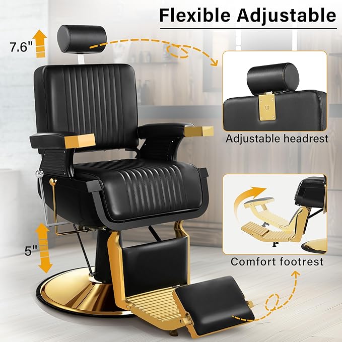 Barber Chair, Heavy Duty Reclining Barbershop Chair for Hair Stylist with Footrest and Headrest, Adjustable 360° Swivel All Purpose Hydraulic Salon Chair for Home Spa Beauty, Black Gold