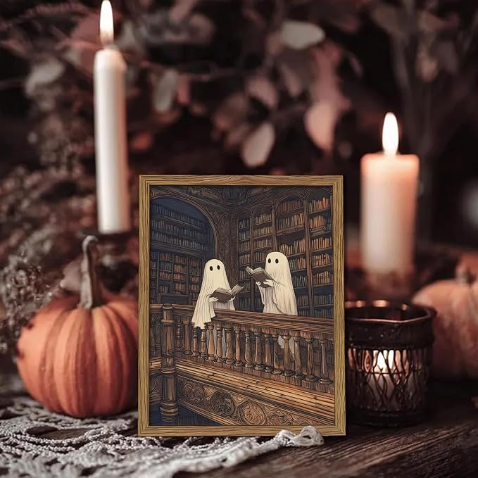 Framed Halloween Ghost Wall Art, Vintage Cute Ghost Reading Canvas Wall Decor Paintings, Dark Academia Book Artwork Poster Print Picture for Library Bedroom Living Room 8x10 Inch