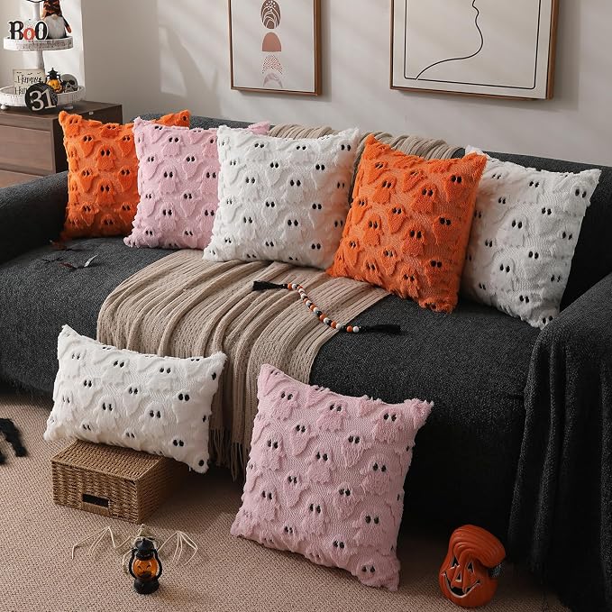 DFXSZ Halloween Pillow Covers 16x16 inch 2Pcs Orange Ghost Halloween Decor | Halloween Decorations Set of 2 Throw Pillow Cases Plush Faux Fur Wool Cushion for Chair Sofa Bedroom Living Room Home Decor