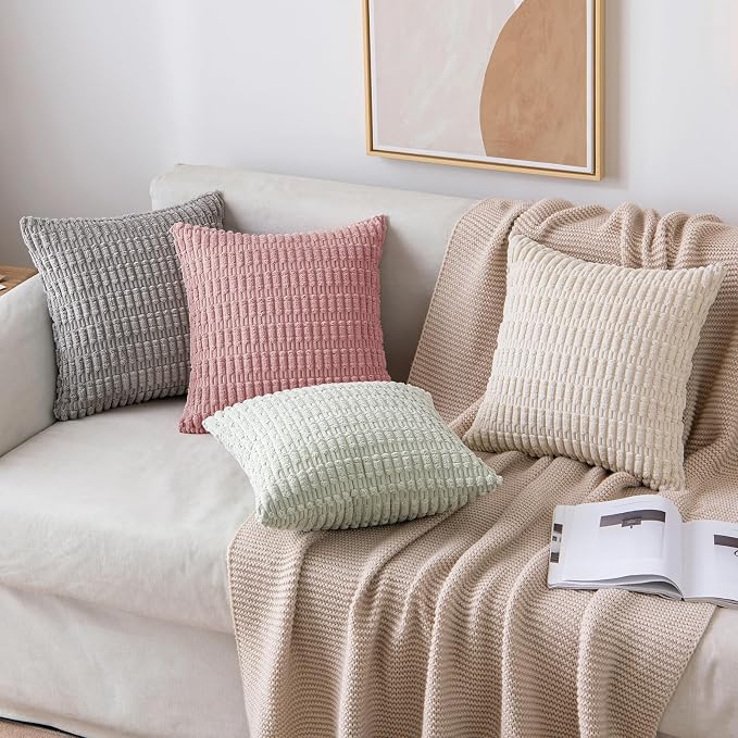 MIULEE Corduroy Decorative Throw Pillow Covers 16x16 Blush Pink Pack of 2 | Soft Boho Striped Pillow Covers Modern Farmhouse Home Decor For Sofa Living Room Couch Bed