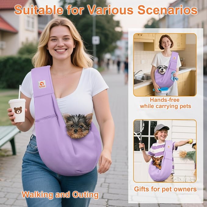 Tomkas Dog Cat Carrier Sling Zip Pocket & Adjustable Strap(M,Light Purple)
