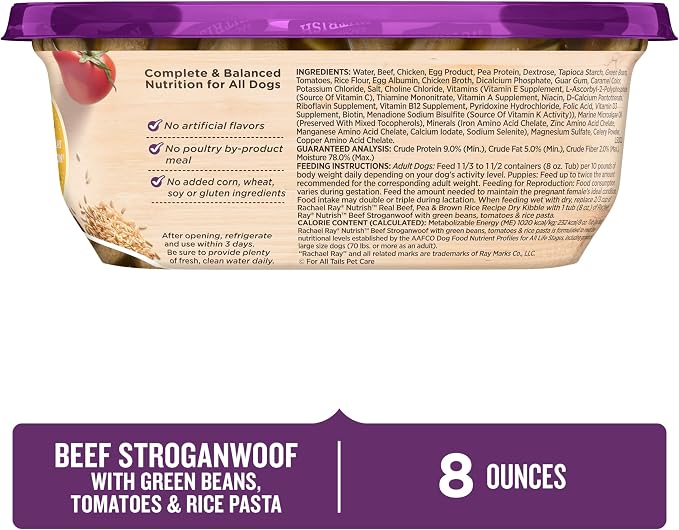 Nutrish Beef Stroganwoof Wet Dog Food, 8 oz. Tub (Pack of 8) (Rachael Ray) | Made with Green Beans, Tomatoes & Rice Pasta, No Artificial Flavors, No Added Corn, Wheat or Soy Ingredients