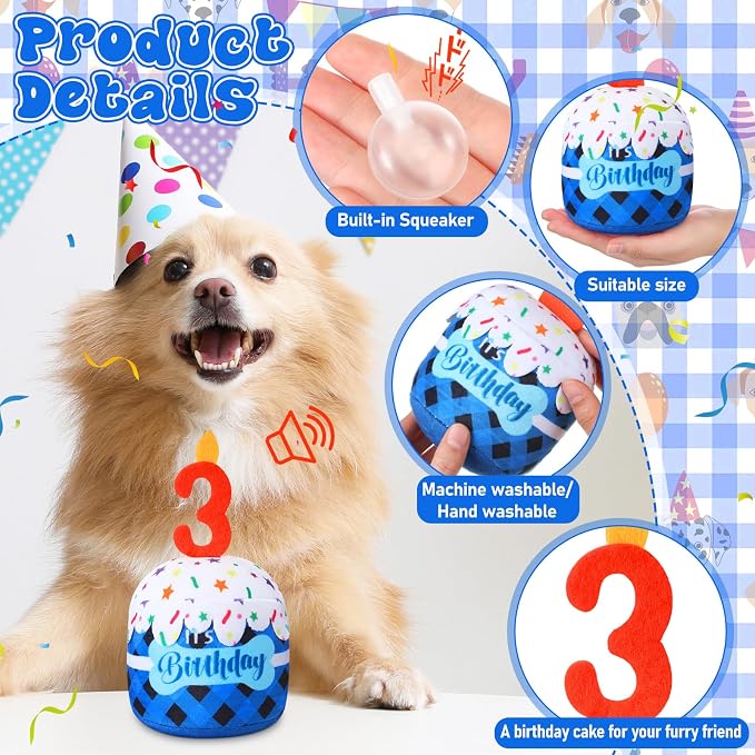 Dansydaisy Dog Birthday Cake Toy Squeaky Plush Gift,3rd,Blue Grid