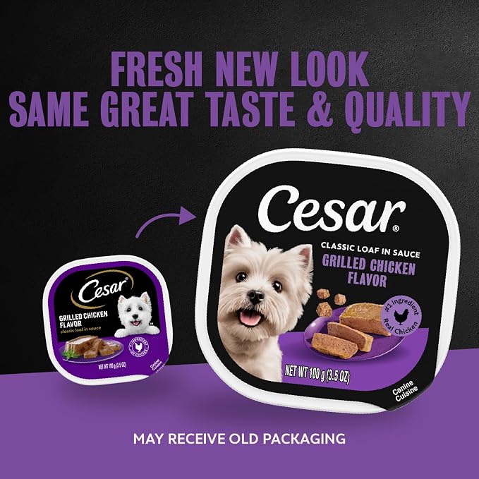 Cesar Classic Loaf in Sauce Wet Dog Food, Grilled Chicken, 3.5 oz, 24 Count | Made in USA, Real chicken #1 ingredient, slow-cooked tender texture, no fillers or artificial flavors, easy peel trays