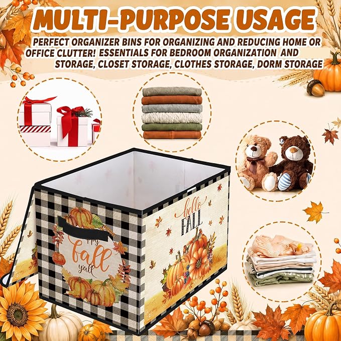 Briwooody Fall Pumpkin Storage Bin with Lid and Carrying Handle Pumpkin Foldable Storage Box Large Autumn Harvest Decorative Collapsible Container Basket for Organizing Closet Home Bedroom Fall Gifts