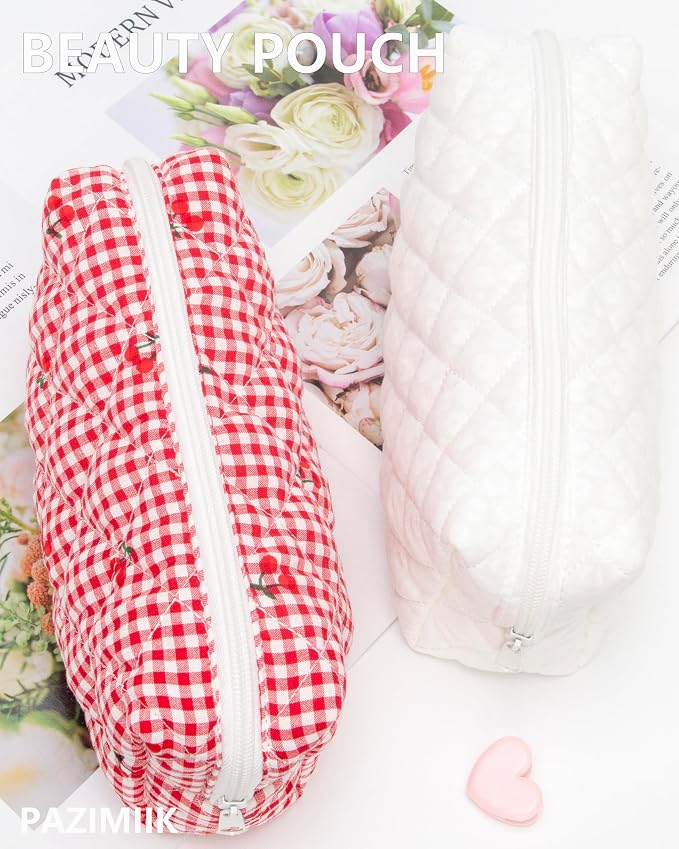 PAZIMIIK Small Quilted Makeup Bag,Zipper Cosmetic Pouch,White Floral | Lightweight Cosmetic Bag Organizer for Women,Purse Storage Holds Makeup,Toiletries,Skincare,Beauty Essentials,Travel Items