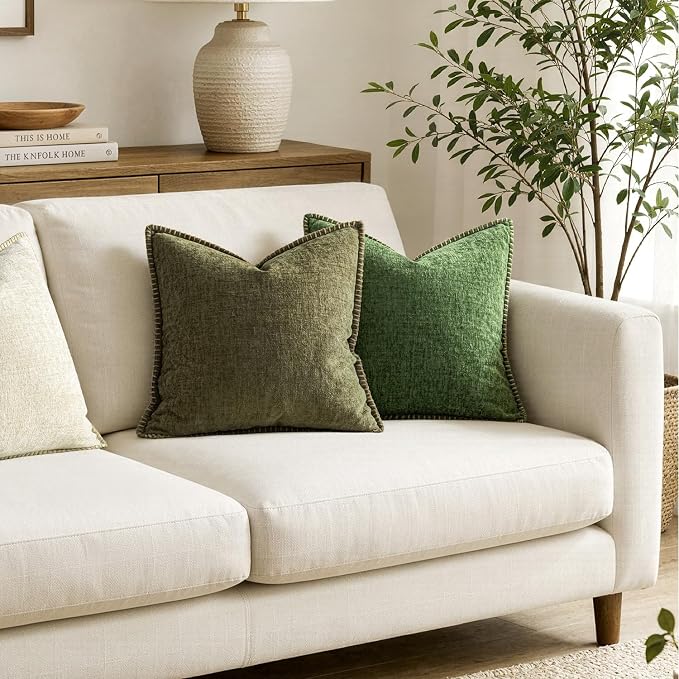 MIULEE Decorative Euro Sham Pillow Covers 24x24 Inch Olive Green 2 Pack | Farmhouse Throw Pillow Covers with Stitched Edge, Soft Chenille Cushion Cases, for Couch Sofa Bed Living Room Home Decor