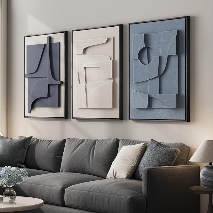 Large 3D Textured Framed Blue White Abstract Wall Art Set, 3 Piece 20x30 In | Solid wood frames, raised geometric reliefs, navy blue and ivory tones, modern wall decor for living room bedroom and office