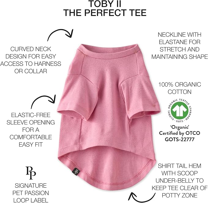 Pet Passion Toby II - The Perfect Tee, 8 Pack Short Sleeve Pet T-Shirt 100% Organic Cotton Tees Clothes for Small, Medium, Large Dogs, Rainbow Pink, Small