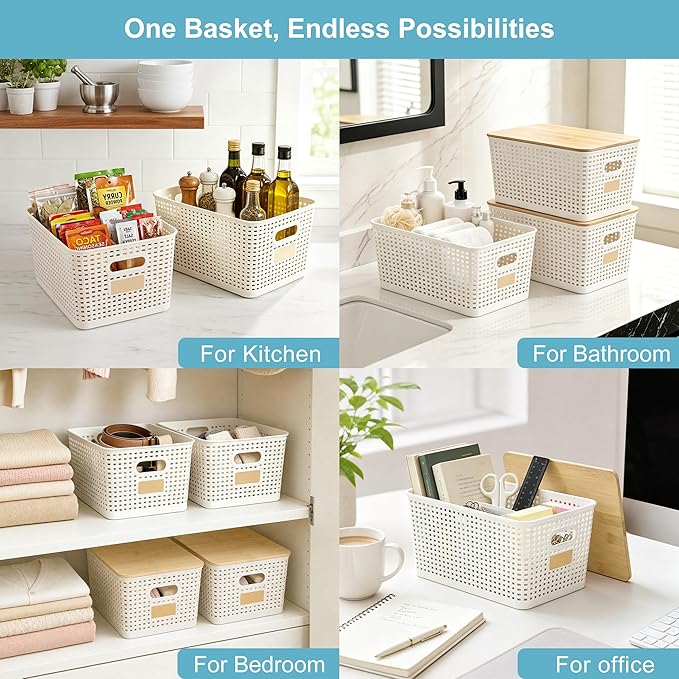 2 Pack Tall Plastic Storage Bins with Bamboo Lids, 10.8qt Stackable Storages Baskets for Organizing Desktop Closet Playroom Classroom Office, 12"L x 8.3"W x 6.1"H, Cream White