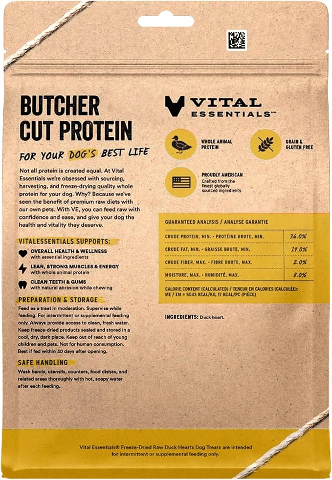 Vital Essentials Freeze Dried Raw Duck Hearts Dog Treats, 10 oz Bag | Single Ingredient, Premium Quality Protein, Grain Free Treats, USA Made with U.S. & Globally Sourced Ingredients