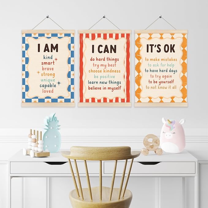 Koesus Inspirational Classroom Checkered Striped Wall Art Poster Hanger Frame 12x16 Inch Set of 3, Positive Affirmations for Kids, Motivational Canvas Pictures Prints Framed Wall Decor for Classroom Kids Room Playroom