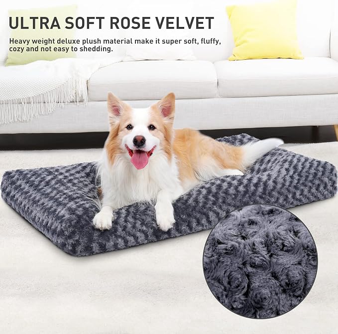 KSIIA Washable Dog Bed Medium Size Dog Crate Bed Pet Mat 35"x23" Dark Gray | Deluxe Plush Comfy Kennel Pad, Anti-Slip Bottom,Deep Sleeping Mat for Medium Dogs,Machine Washable for Easy Cleaning