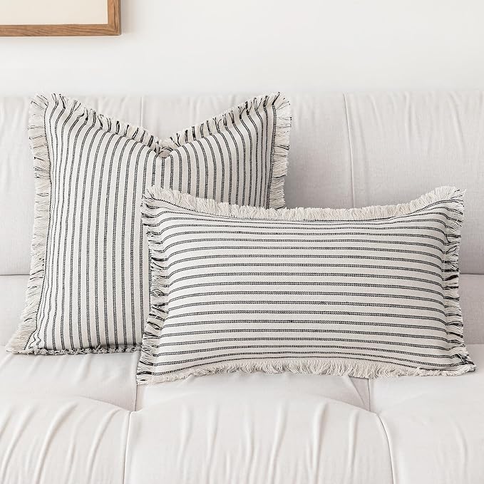 YEENAASY Throw Pillow Covers 12x20 Boho Striped Pillow Cases with Tassel | Set of 2 Fringe Pillow Cover Farmhouse Cushion Covers Neutral Pillows Decorative Lumbar Pillowcase for Couch Sofa Bed, Black