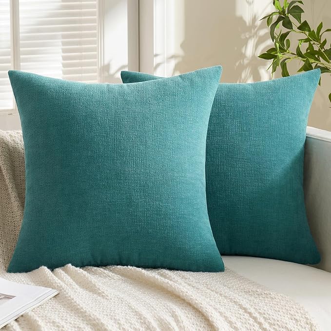 MIULEE Teal Chenille Couch Throw Pillow Covers, 16x16 | Set of 2, Soft Coastal Home Decor, Modern Farmhouse Decorative Pillowcases for Sofa Living Room Bed