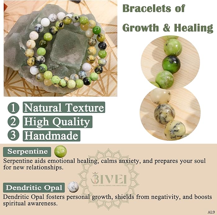 Bivei Natural Gemstone Semi Precious Healing Crystals Handmade Stretchy Round Beads Bracelet,Stocking Stuffers for Women Enhance Positive Energy