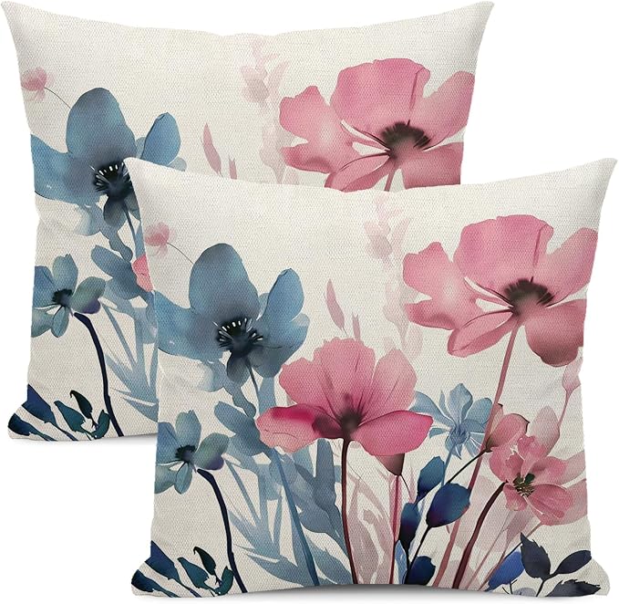 Spring Floral Pillow Covers 18x18 Inches Set of 2 Pink Blue Floral Throw Pillow Covers Outdoor Rustic Summer Flower Decor Pillowcase Farmhouse Decorative Square Cushion Cover for Sofa Couch