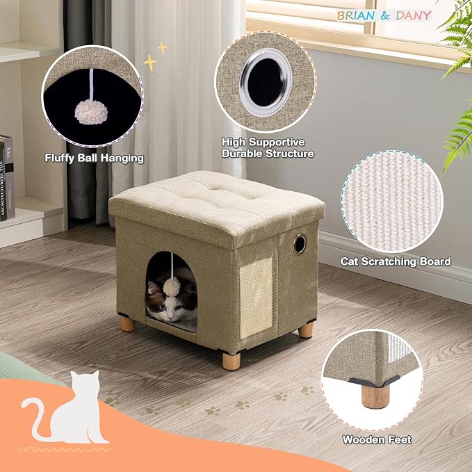 BRIAN & DANY Cat Beds for Indoor Cats,Cat Cave House for Kitten with Scratch Board & Ball, 14.7" x 14.1” x 12.7”, Light Khaki