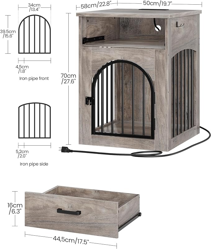 CHOEZON Dog Crate Furniture, Wooden Dog Kennel with Charging Station and Storage Drawer, Indoor Pet Crate End Table for Small Breeds, Dog Cage Furniture for Living Room, Bedroom, Greige MGW01UFH