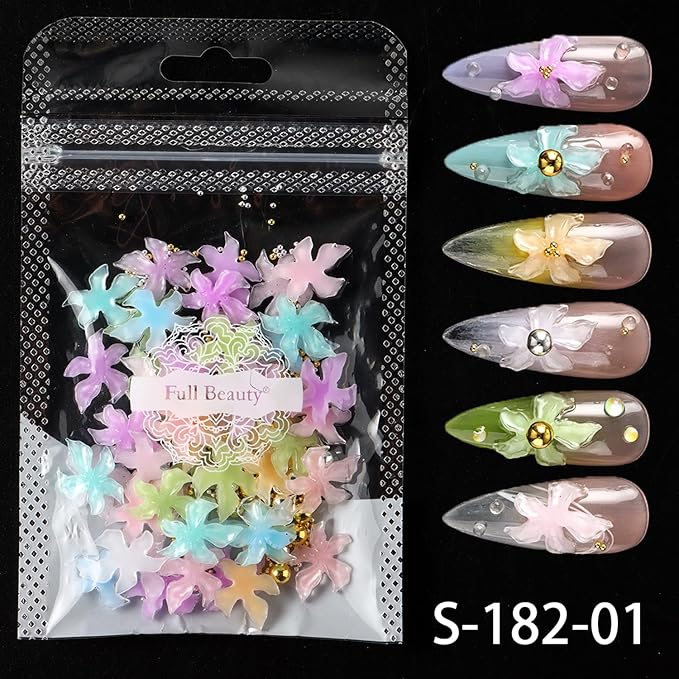 Summer Flower Nail Charms 3D Hibiscus Flowers for Nails Gems Spring Nail Jewelry with Rhinestones Acrylic Nail Art Color Ice Lily Floral Charms for Women Manicure Nail Decoration DIY Crafts