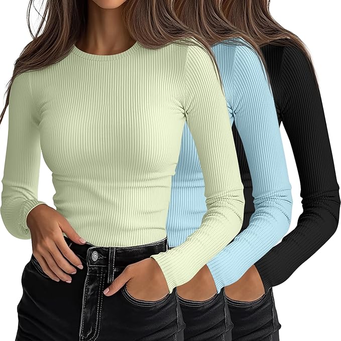 Ficerd 3 Pack Women's Ribbed Long Sleeve Tops, Crew Neck Slim Fit Undershirts Knit Basic Casual Stretch Layering Tee Shirts